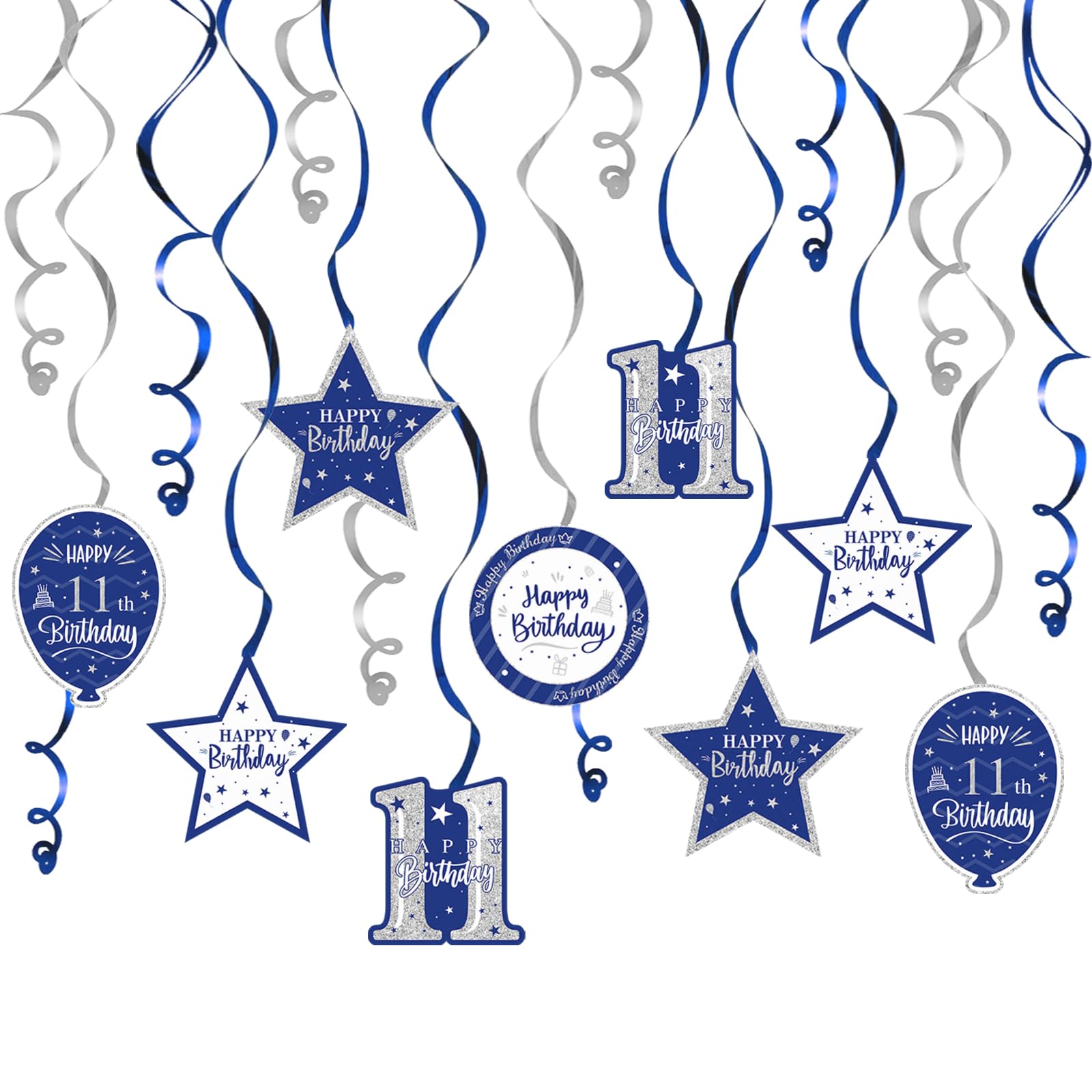 Photo 1 of Nelbiirth Happy 11th Birthday Blue & Silver Glitter Swirls Streamers Party Decorations - 15 Pcs 11th Birthday Hanging Swirls Streamers Kit,Cheers to Eleven Years Old Bday Party Sign.