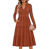 ZESICA Women's Long Sleeve Spring Dresses 2026 Fashion V Neck Casual Loose Ruffle Flowy A Line Tiered Midi Dress