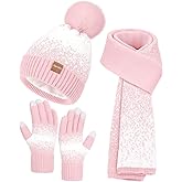 Remifa Womens Winter Beanie Hat Scarf Gloves Set, Pom Pom Warm Hat Long Knit Scarf Touchscreen Gloves 3 In 1 Christmas Gift