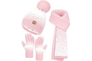 Remifa Womens Winter Beanie Hat Scarf Gloves Set, Pom Pom Warm Hat Long Knit Scarf Touchscreen Gloves 3 In 1 Christmas Gift