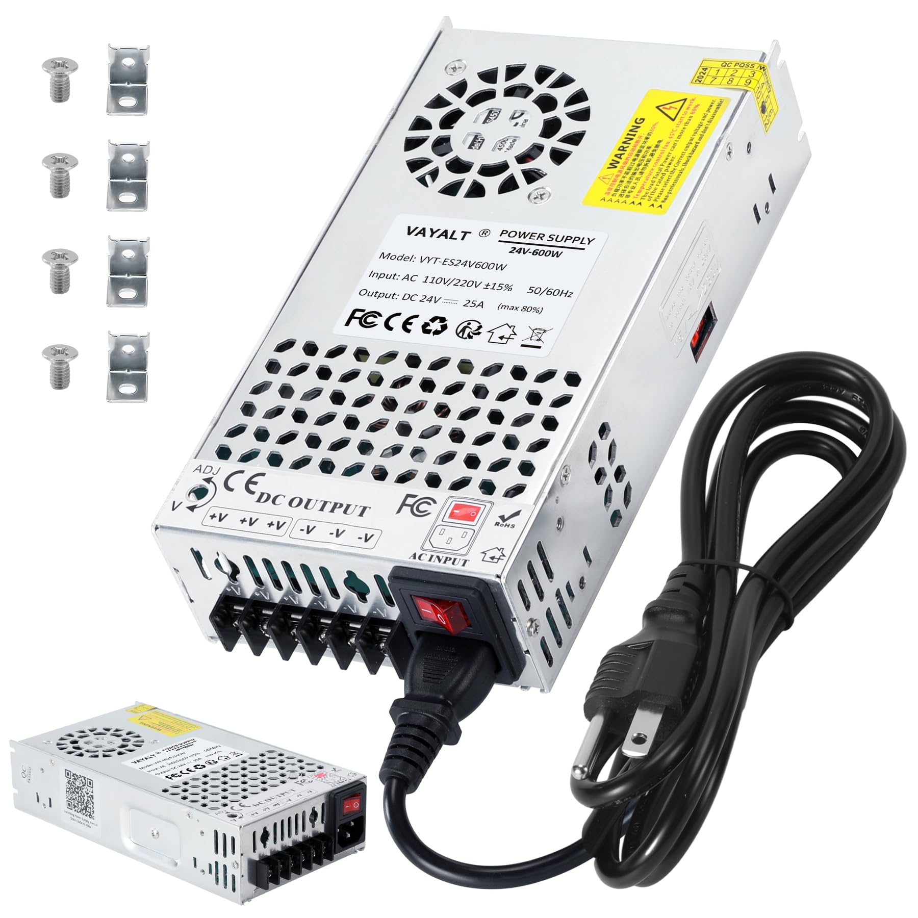 Photo 1 of *** Missing cord*** VAYALT 24V 25A 600W DC Switching Power Supply, Universal Regulated Switching AC 110V/220V to DC 24V Transformer, 24V Power Supply for Industrial, CCTV, Computer Project, 3D Printer, LED Strip Light