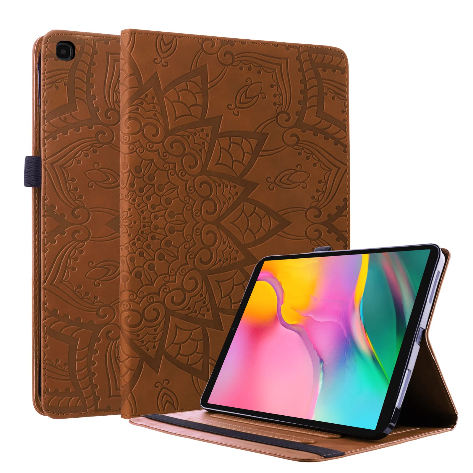 Lspcase Galaxy Tab A 10.1 2019 Leather Case Embossed Mandala Flower Folio Flip Cover Wallet Card Slot Case with Pen Holder for Samsung Galaxy Tab A 10.1 Inch 2019 SM-T510 SM-T515 Brown