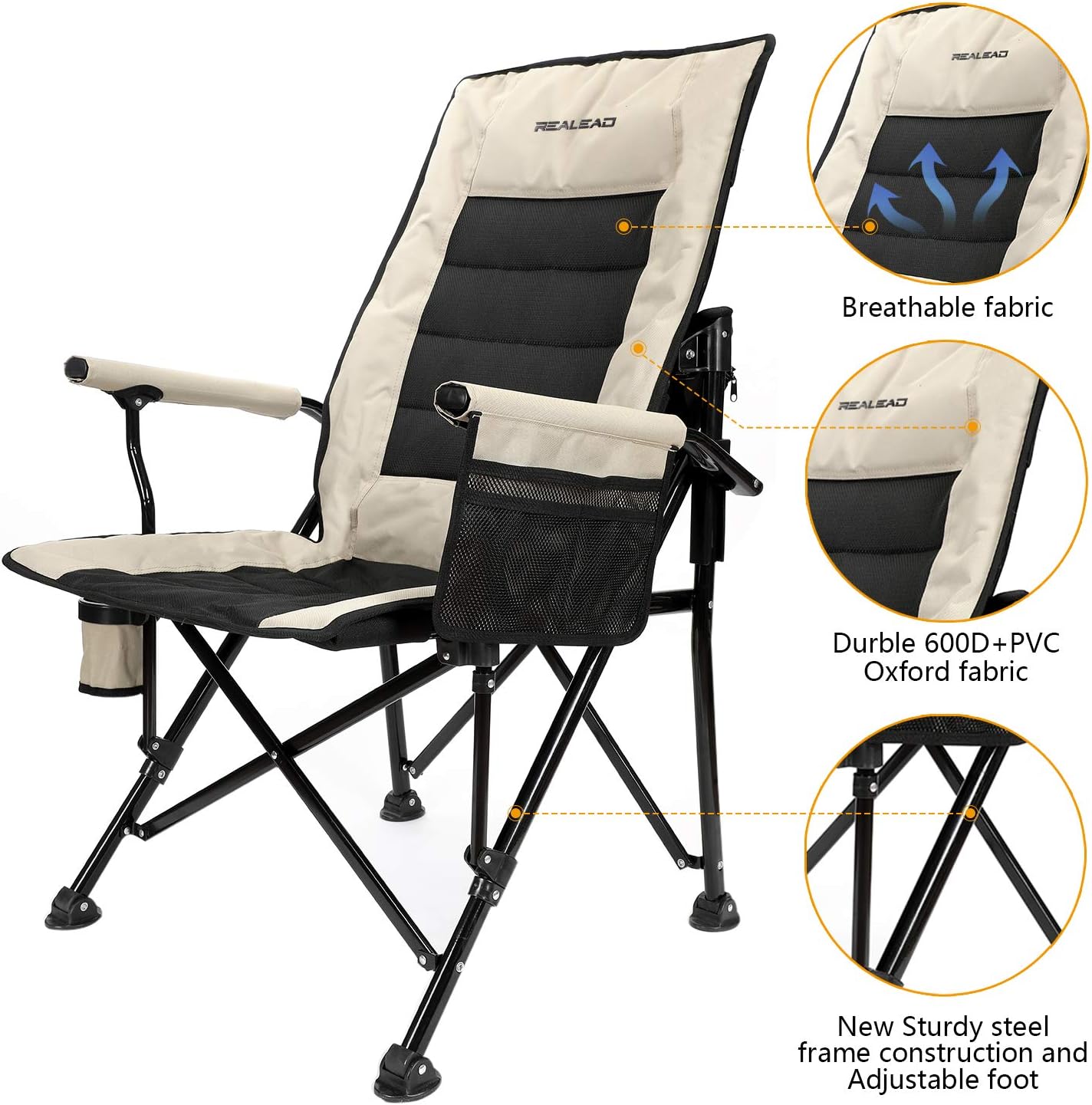 Realead Adjustable Oversized Camping Chair Heavy Duty Folding Chair High Back Support Beach Chair Travel Portable Chair Padded Hard Arm Steel Frame Outdoor Chair Supports 400 lbs: Kitchen & Dining