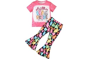 Momkonzz Girls Easter Outfits Kids Chillin With My Peeps Shirts + Bell Bottom Pants Bunny Egg Printed 3-7Y