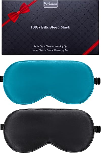 BeeVines Silk Sleeping Mask 2 Pack 100% Mulberry Silk Adjustable Strap Black &