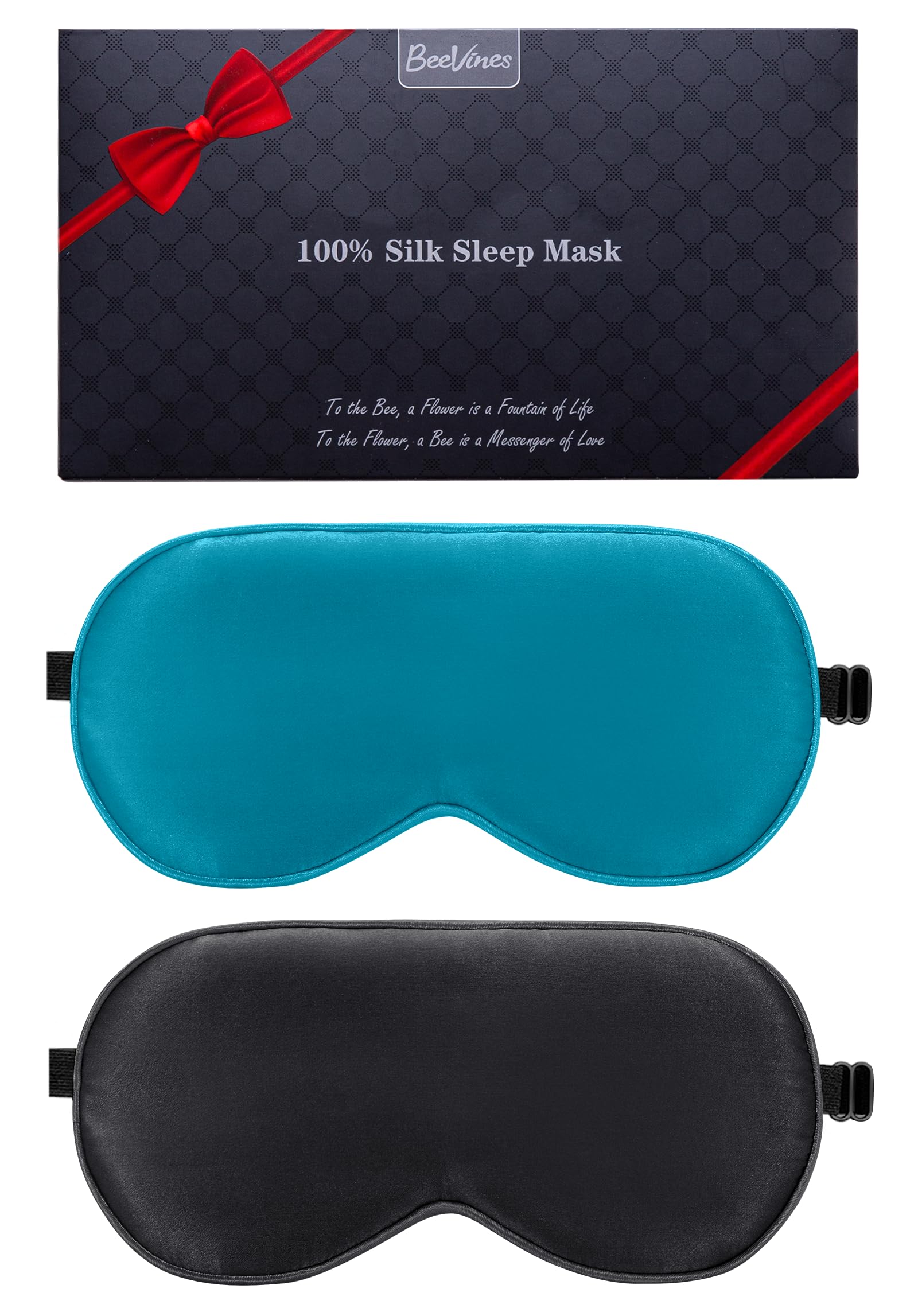 Silk Sleeping Mask, 2 Packs 100% Real Natural Silk Eye Mask with Adjustable Straps, Eye Sleeping Mask, BeeVines Summer Travel Eye Sleeping Mask to Reduce Puffy Eyes (Black & Peacock Blue)