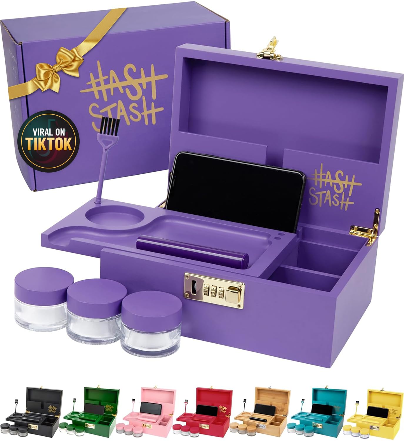 The OG Stash Storage Box - Large Bamboo with Combination Lock, Magnetic Lid, Organizer Tray, 3 Smell-Proof Jars and Brush - Portable Decorative Wooden Lock Box Kit with Accessories (Purple/Gold)