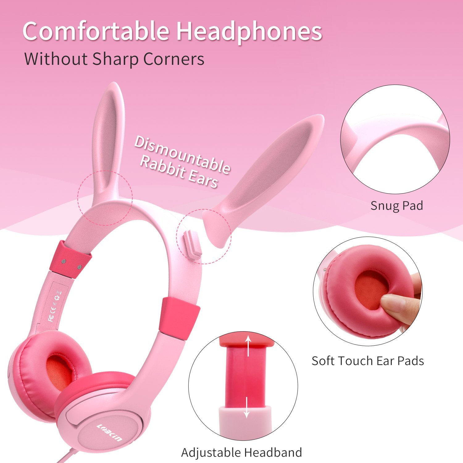 Kids Headphones, Lobkin Bunny Ear Wired On-Ear Earphones,Bluetooth Headsets Kids Friendly Safe Food Grade Material,Children Volume Limited Headphones -Pink
