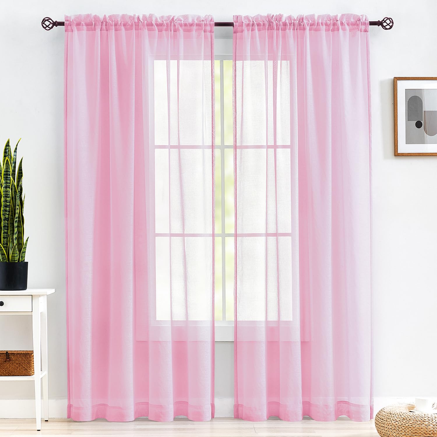MYSTIC-HOME Pink Sheer Curtains 84 Inches Long, Rod Pocket Sheer Drapes Bedroom, 2 Panels, Semi Crinkle Voile Window Treatments Parlor, Pink, 52" Wx84 L