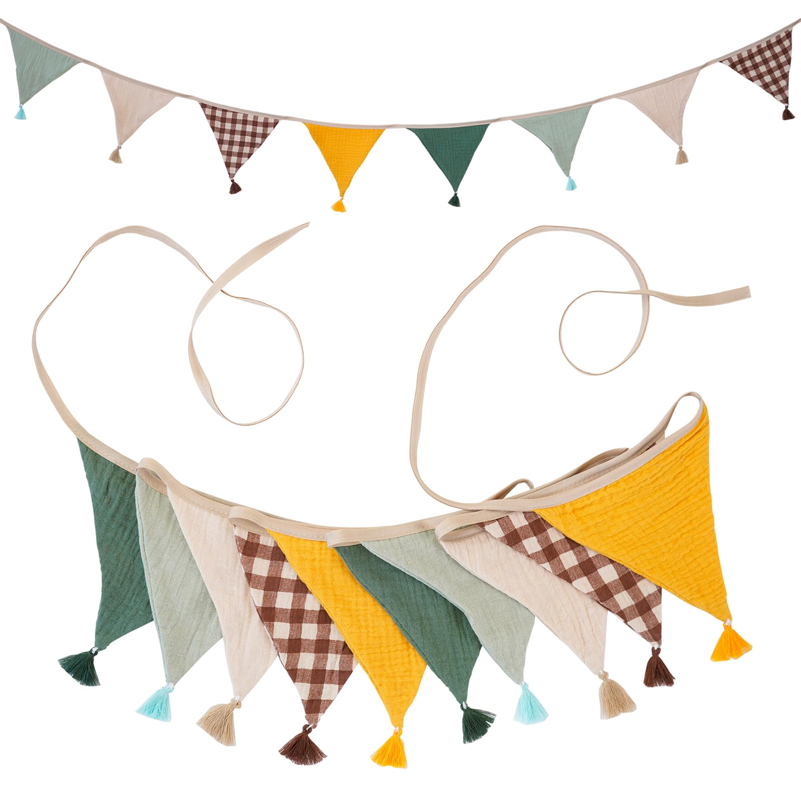 G2PLUS Muslin Fabric Bunting with Tassel: 10PCS Double Sided Cotton Garland, 2.6m Nursery Fabric Triangle Banner for Nursery, Bedroom, Baby Shower, Brithday Party Decoration, Yellow Brown
