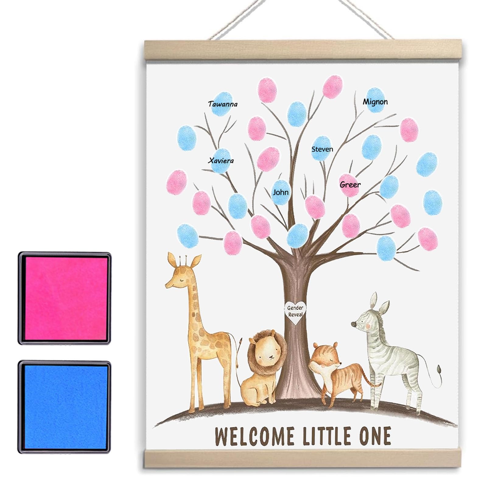 QZCYU Gender Reveal Party Decorations, Gender Reveal Fingerprint Tree with Safari Animals, Baby Shower Guest Book, Canvas Thumbprint Hanging Paintings