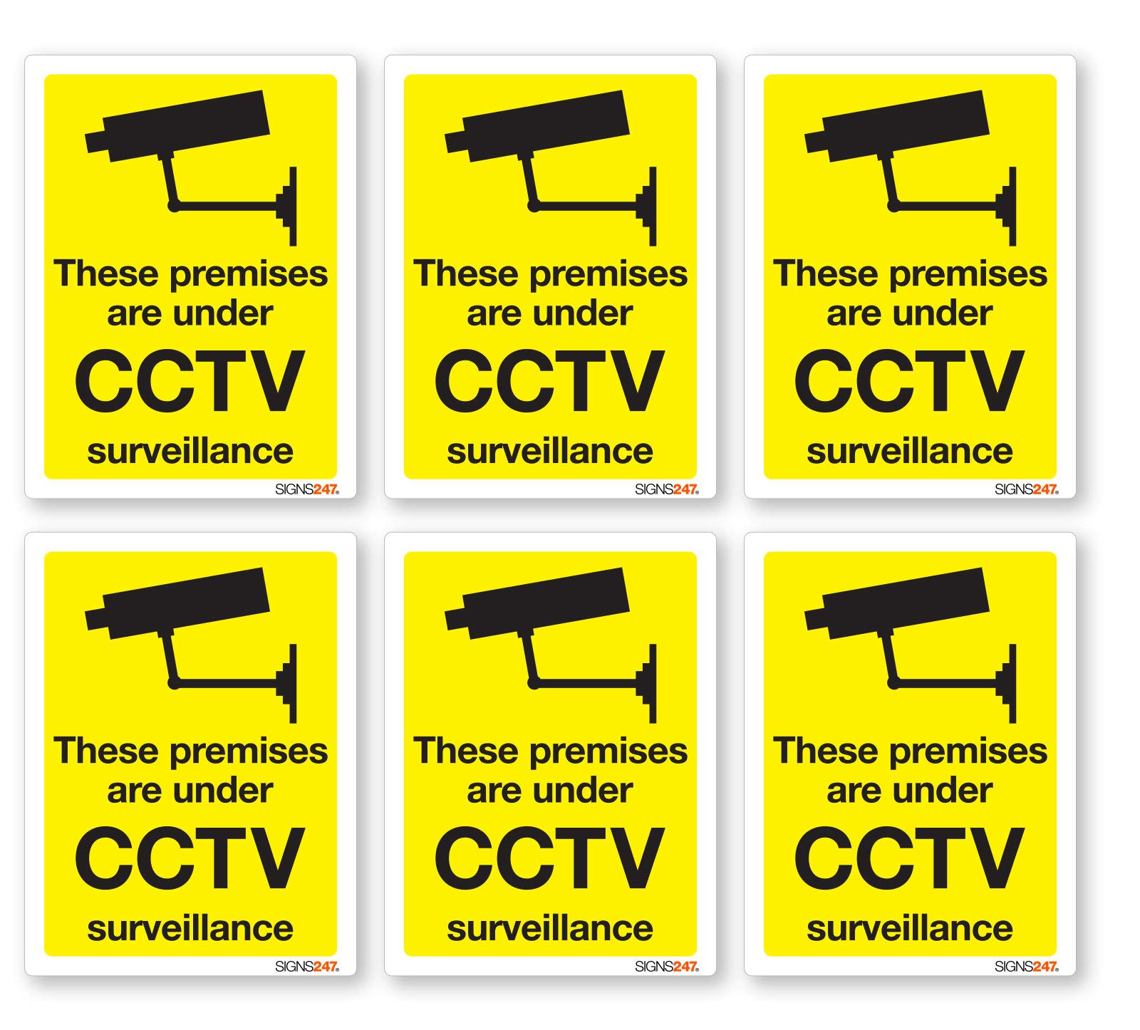 Signs247 CCTV Stickers Yellow Self Adhesive 100mm x 75mm Suitable for Outdoor Use - Pack of 6