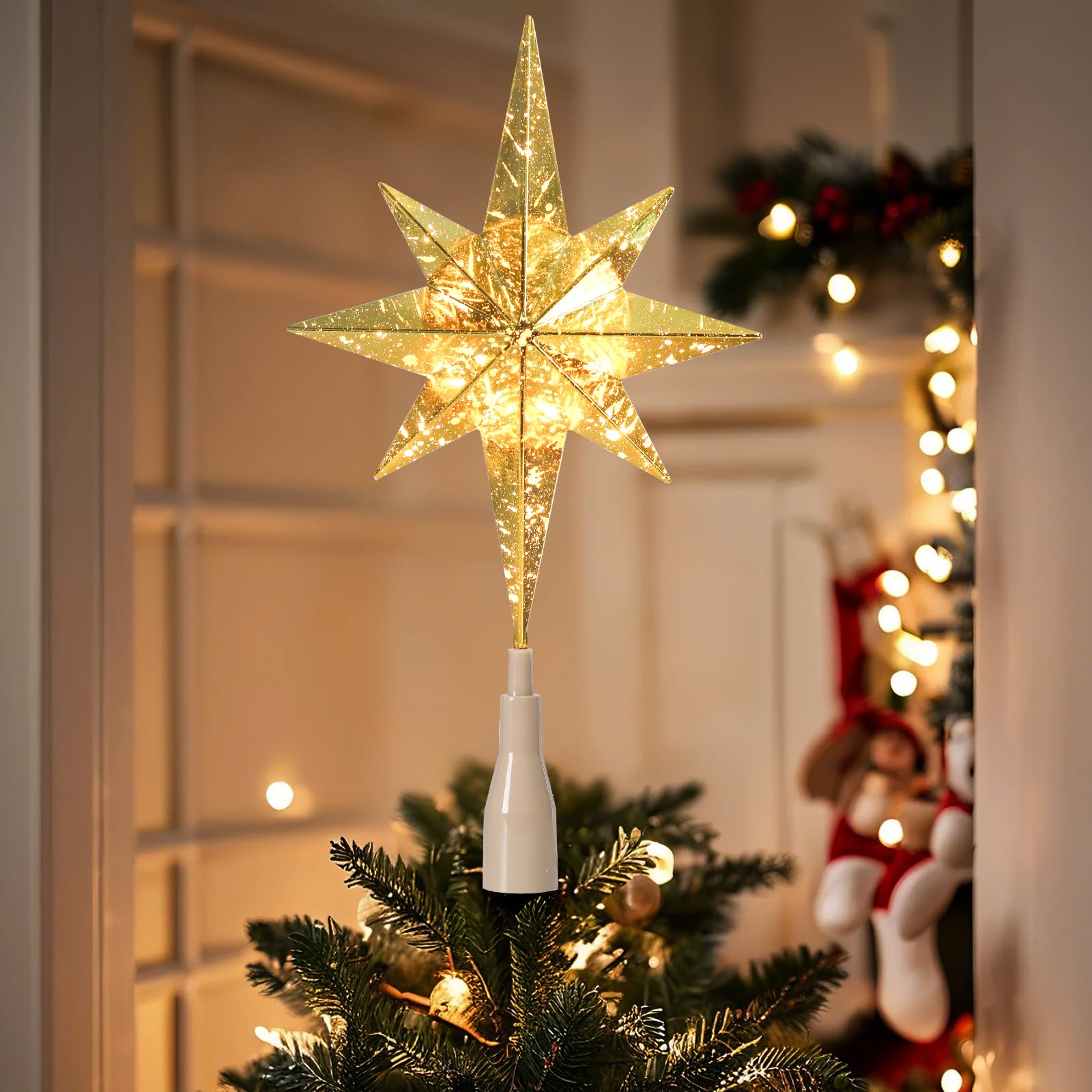 Photo 1 of Christmas Tree Topper Lighted Gold Star Tree Toppers with LED Lights Christmas Tree Top Ornament for Christmas Party Indoor Outdoor Home Decoration 14"