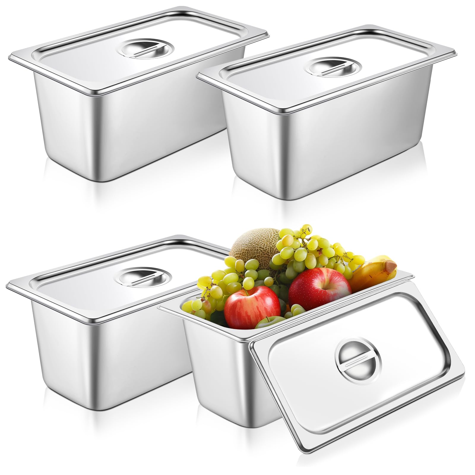 Photo 1 of 4 Pack hotel pans with lids 1/3 Size x 6 Inch Deep stainless steel steam table pan Commercial Gauge restaurant supplies Anti Rust metal food containers Catering storage for Party, Buffet, Home