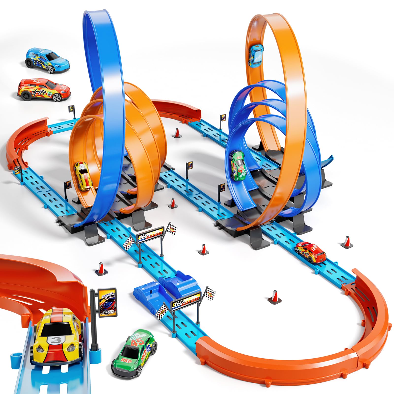 Photo 1 of Car Race Track Set for Kids 3 4 5 6 7 8 9 Years Old?Racing Game car Toys?Boys Toy Girls 6-12?72PC DIY 34 ft Track with 4 Small Cars, Gifts for Kids 3-5