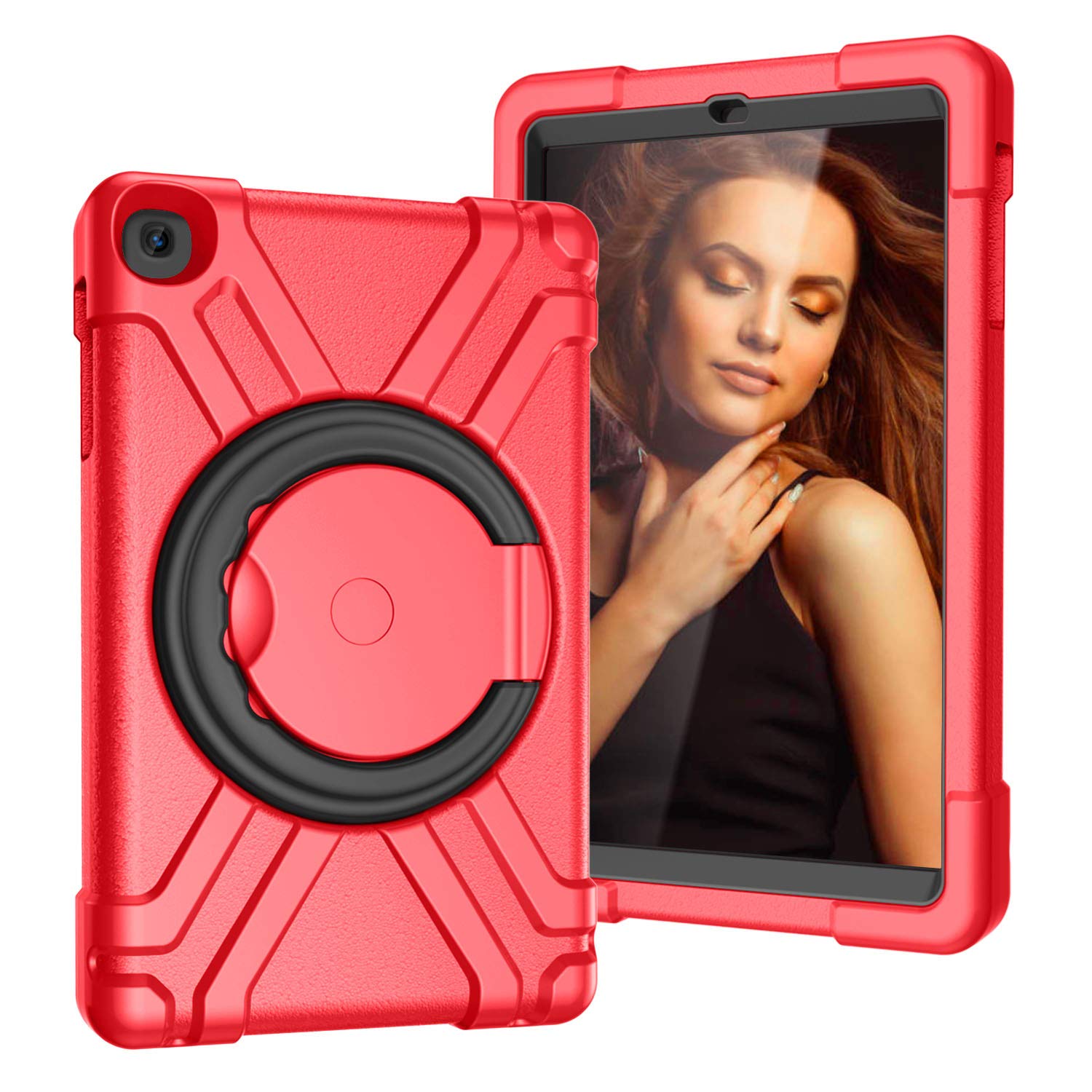 HBS Galaxy Tab A 10.1 2019 SM-T510/T515 case for kids -Lightweight Shockproof Handle Magic Ring 360 Rotating Multi -Full-Body Rugged Protective Cover for Samsung Galaxy Tab A 10.1-Red Black