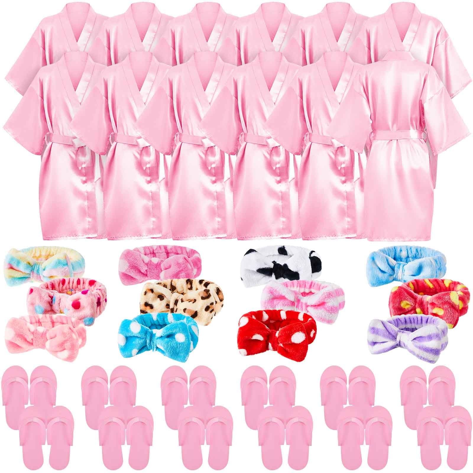 Photo 1 of Xuhal 36 Pcs Spa Party Supplies for Girls 12 Kimono Robe V Neck Bathrobe 12 Soft Spa Headband 12 Disposable Foam Slippers small size(Size 8,Pink)