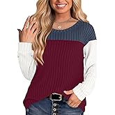 Kinnette Womens Color Block Long Sleeve Tops 2024 Casual Fall Lightweight Tunic Sweaters Crew Neck Shirt