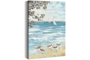 summer melody Beach Painting Canvas Wall Art: Coastal Sandpiper Canvas Abstract Ocean Artwork for Bedroom Seashore Seagull Picture Seaside Nature Prints Blue Seascape Sea Bird Art