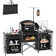 VEVOR Camping Kitchen Table, Outdoor Camp Cooking Table, Aluminum Portable Cook Station with 3 Storage Cupboard, Carrying Bag, Detachable Windscreen, Quick Set-up for BBQ Party Picnic RV Travel, Black