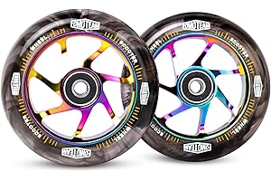 FOMO TEAM Pro Stunt Scooter Wheels 100mm24mm Watercolor Effect with ABEC-9 Bearings Installed 2-Pack Scooter Replacement Wheels (Black PU Rainbow Core)