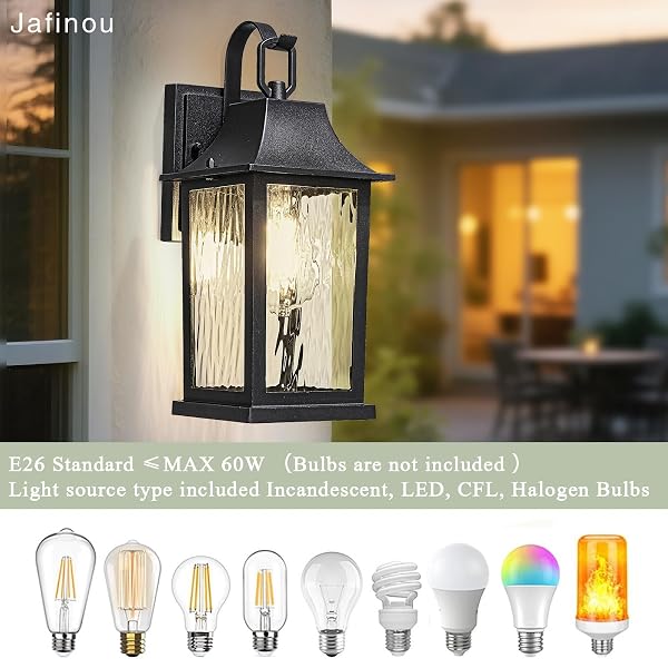 JAFINOU 2-PACK 13” MATTE BLACK OUTDOOR WALL SCONCE, RUSTPROOF ALUMINUM PORCH LIGHT WITH WATER PATTERN GLASS, EXTERIOR LIGHTING FOR PATIO HOUSE GARAGE