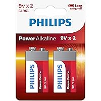 PHILIPS 9 Volt Battery 2 Pack, Power Alkaline 9V Batteries, Reliable Long Lasting Power, Leak Proof Design, All Purpose 9volt