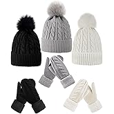 Toulite 6 Pcs Hat and Mittens Winter Set for Women Knit Pom Pom Beanie Caps and Gloves Thick Fleece Lined for Cold Weather