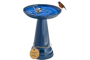 Birds Choice Ohio Stoneware Bird Bath | Pedestal Bird Bath, Stable Locking Top | Weather-Resistant Ceramic Clay, Glazed Finish | Outdoor Garden & Patio Decor | 22" H x 17" D, Midnight Blue