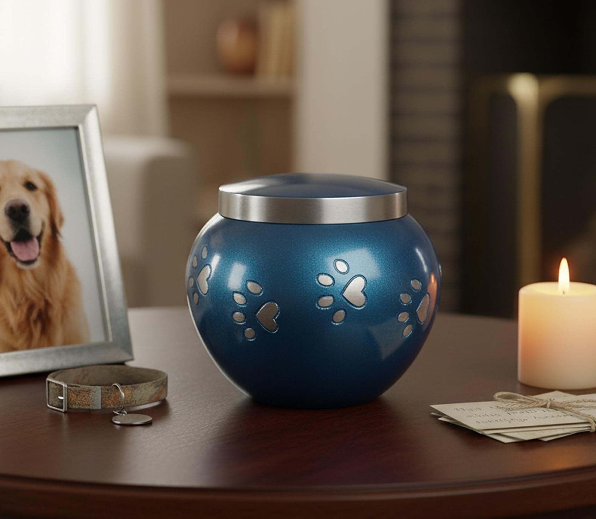 ESPLANADE Brass Pet Cremation Urn | Blue Paw Pattern | 30 lbs Capacity