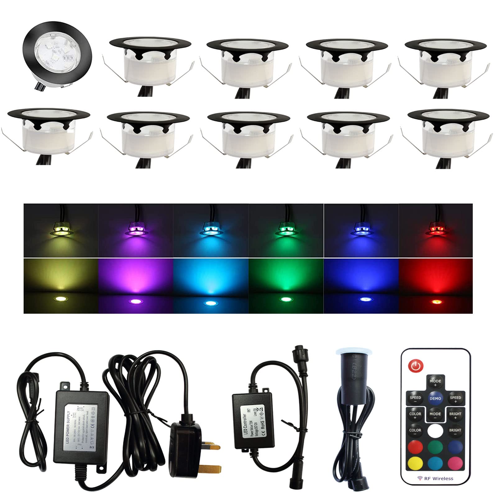 CISLAN RGB Led Decking Lights with Light Sensor Waterproof IP67 Ø45MM 12V - Led Plinth Light Kits for Terrace Patio Path Wall Garden Decoration, 10 Packs