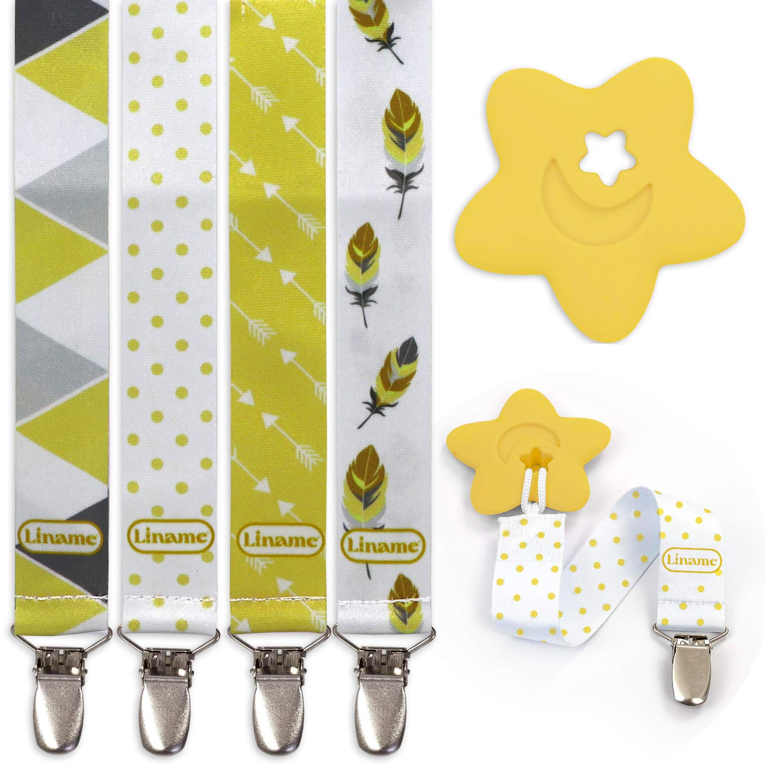 Liname 4 Pack Pacifier Clip for Boys & Girls w/Teething Toy - Baby Gift - for Soothers (Yellow, Metal Clips) : Baby