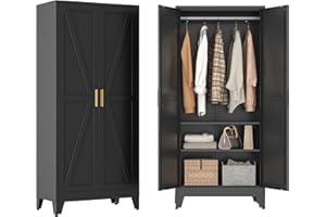 BEVIVOG Metal Wardrobe Closet with Doors and Shelves, 71" Farmhouse Bedroom Armoire with Hanger Rod and Clothing Shelf, White Steel Wardrobe Cabinet Storage Clothes Closet
