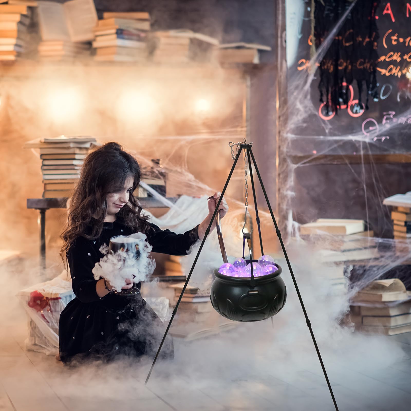 LAMEK Outdoor Halloween Decorations Large Witches Cauldron with Timer Outside Halloween Witch Decorations Tripod Black Plastic Big Cauldron Candy Bowl Outdoor Decorations for Yard Garden Porch