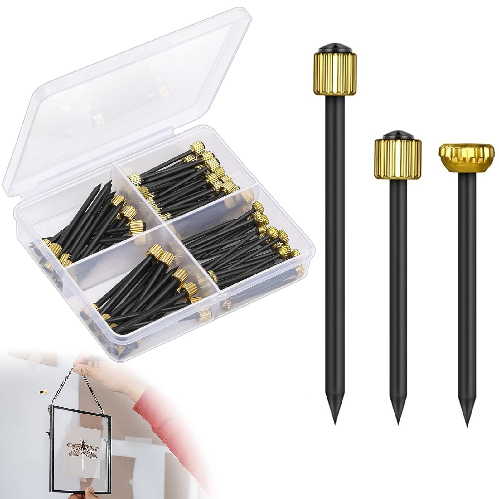 150 Pcs Picture Hanging Nails Set, Brass Head Picture Pins, Robust Picture Frame Nails with Plastic Storage Box for Woodworking and Hanging Picture Frames