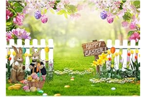 LTLYH 7x5ft Easter Backdrop Spring Flower Garden Photo Background Rabbit Colorful Eggs Fence Grass Wall Decor Photography Background Kids Children Birthday Banner 172