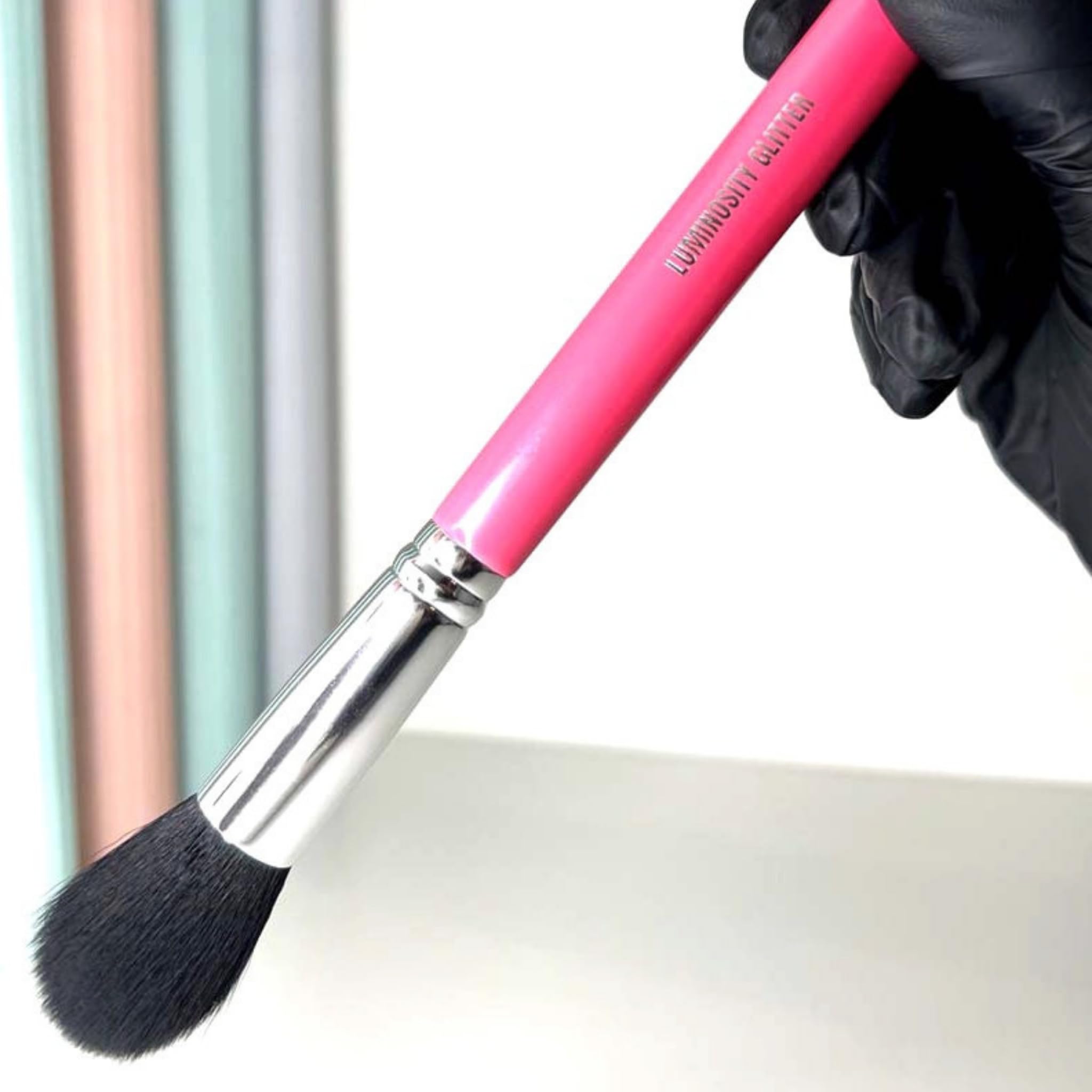 Hot Pink Glitter and Makeup Brush, Hot Pink Wood Handle, Soft Synthetic Bristles, Blush and Bronzer Application