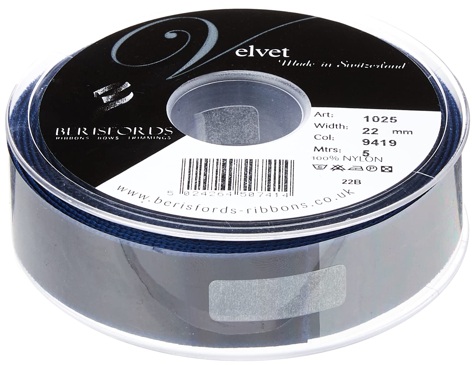 Berisfords Velvet Ribbon, Navy, 10.2 x 3 x 10.2 cm