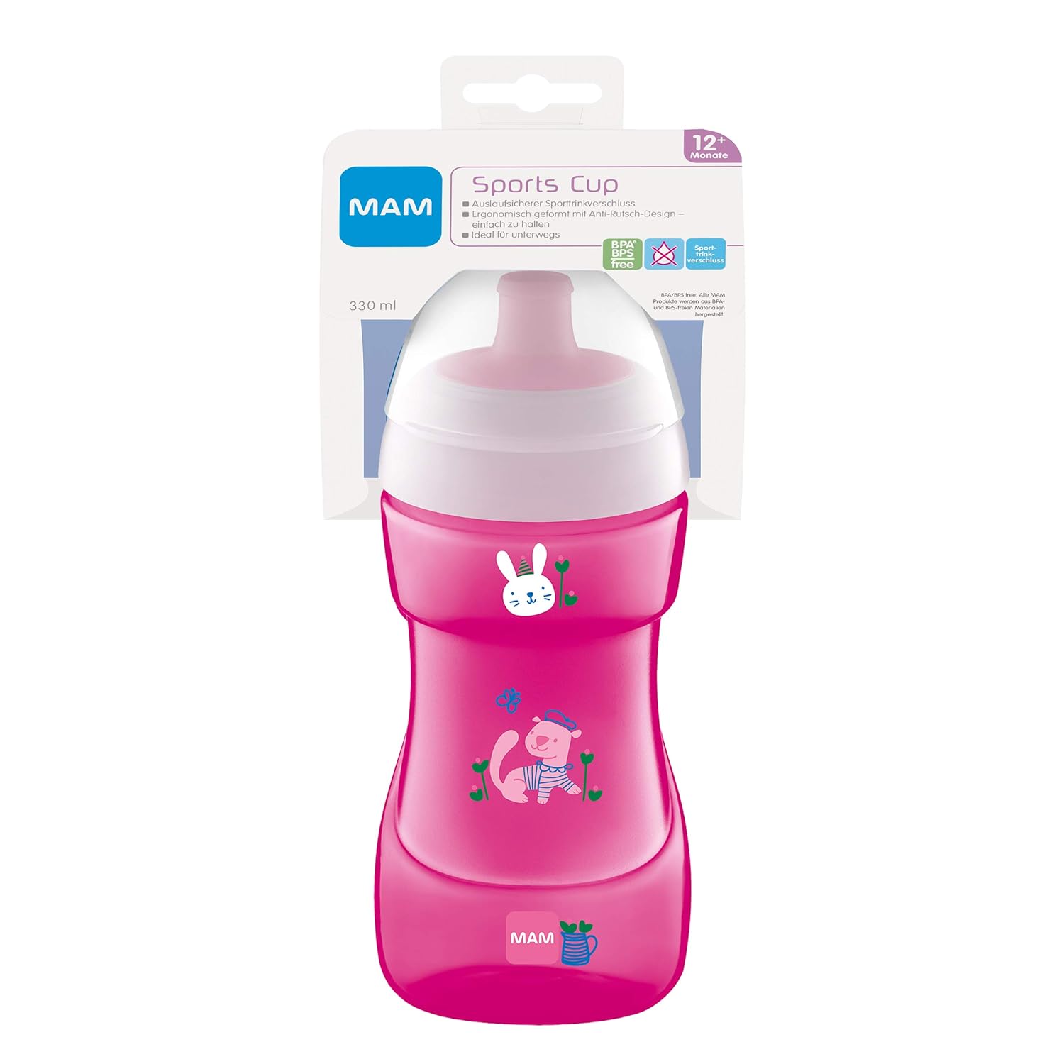 MAM Sports Cup (330 ml), auslaufsicherer Baby Trinkbecher mit selbstöffnendem Ventil, Kinder Trinkbecher mit rutschfester Greiffläche, ab 12+Monaten, Naturmotive, pink