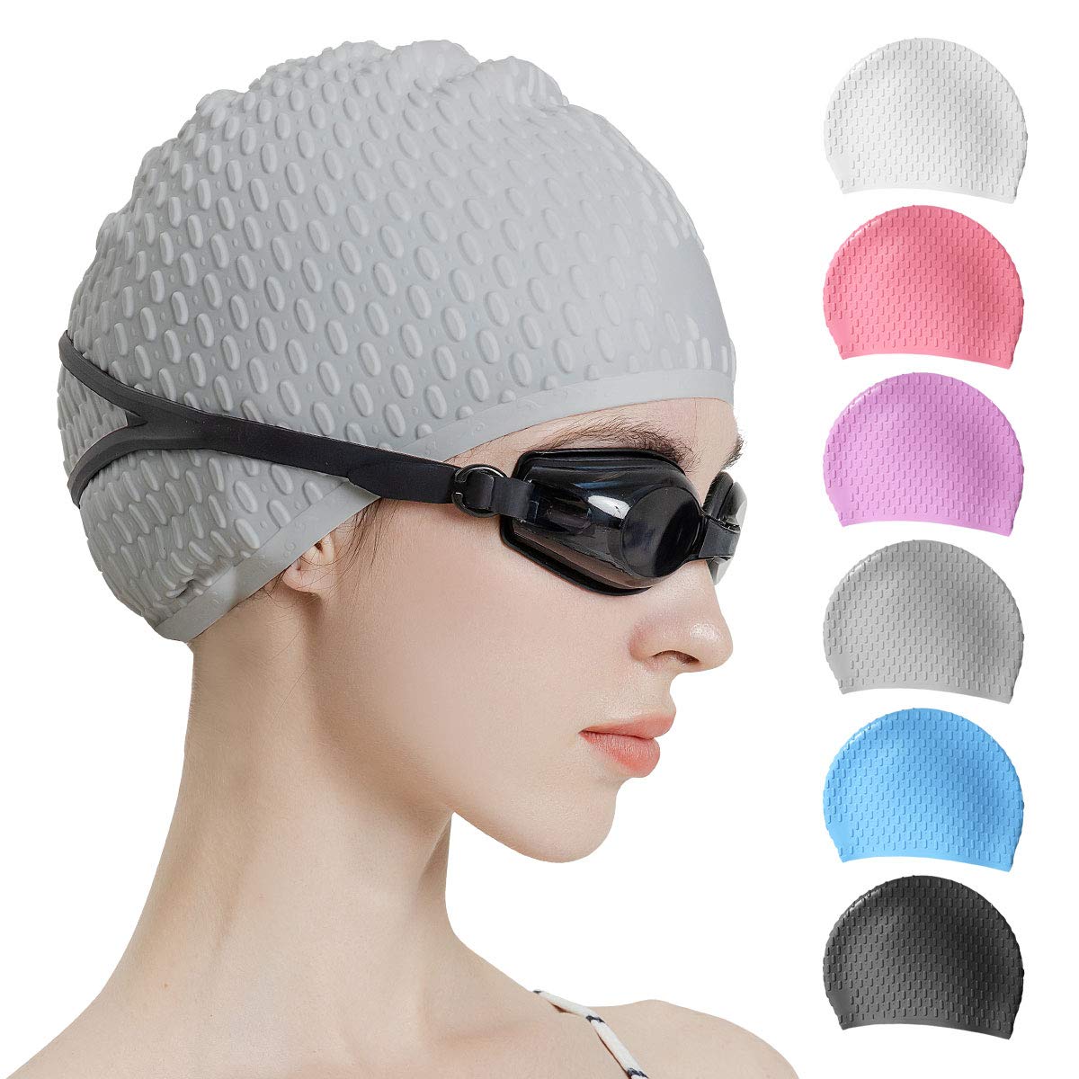 Photo 1 of Tripsky Silicone Swim Cap,Comfortable Bathing Cap Ideal for Curly Short Medium Long Hair, Swimming Cap for Women and Men, Shower Caps Keep Hairstyle Unchanged (Gray)