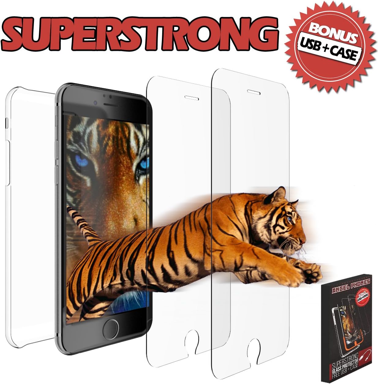 iPhone 7 Glass Screen Protector Kit (2Pack) Super Strong NO Bubbles Include Two Extra Bonuses USB Charging Cable and Lightweight Cover Case Step by Step Instructions Absolute Complete Protection!
