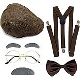 Yxtwaeh 5 Packs Old Man Costume Accessories 1920s Mens Gangsters Costume Set Beret Hat Bow Tie Suspenders Fake Eyebrows Mustache Glasses for Halloween Christmas Carnival Cosplay