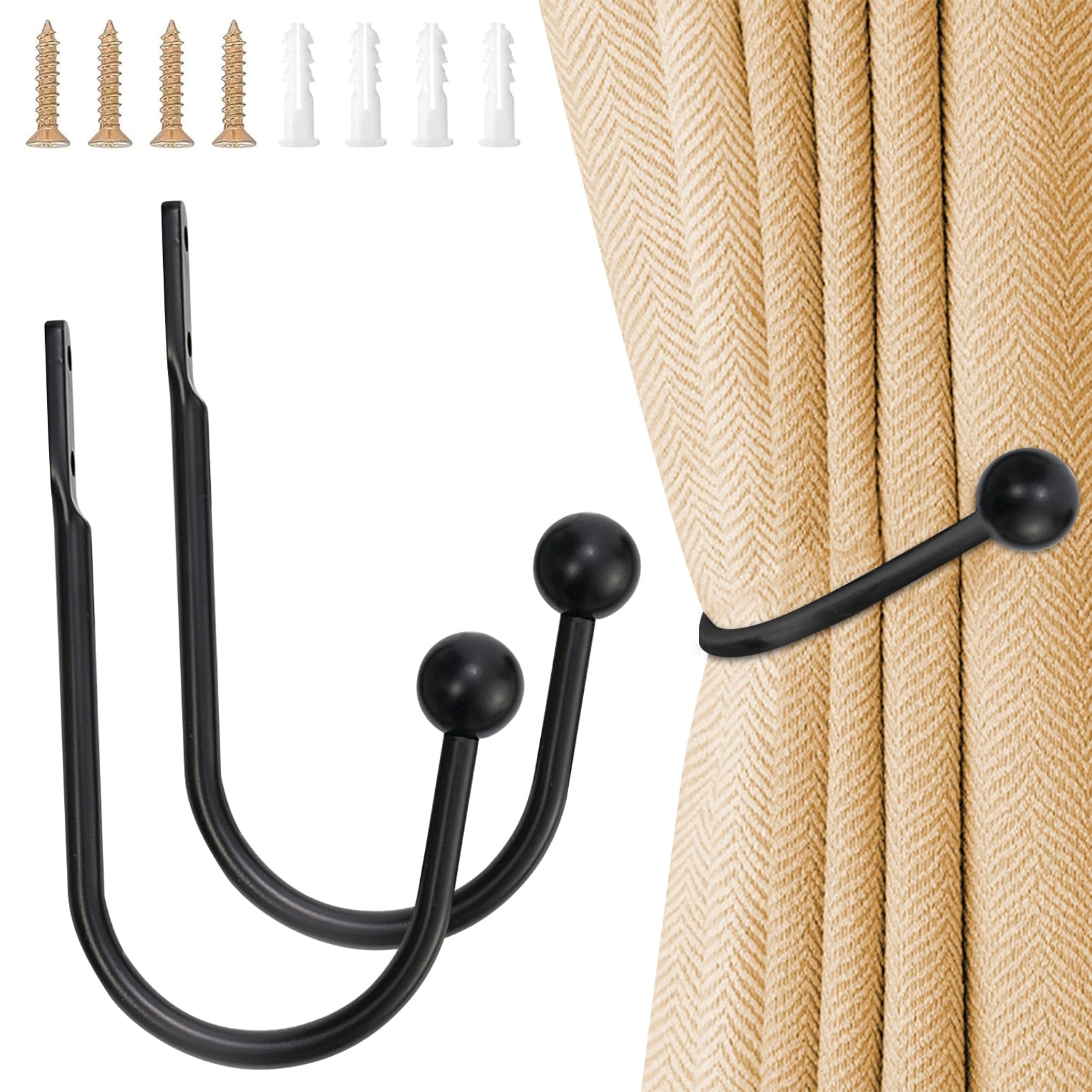2 Pcs Metal Curtain Holdbacks, U-Shaped Hook Wall Mounted Window Curtain Holder with Screws - Drapery Holdbacks for Fixed or Hanging Items (2, Black)