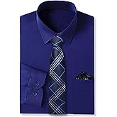 Cromoncent Mens Long Sleeve Dress Shirt and Tie Set Suit Shirt with Matching Tie and Handkerchief