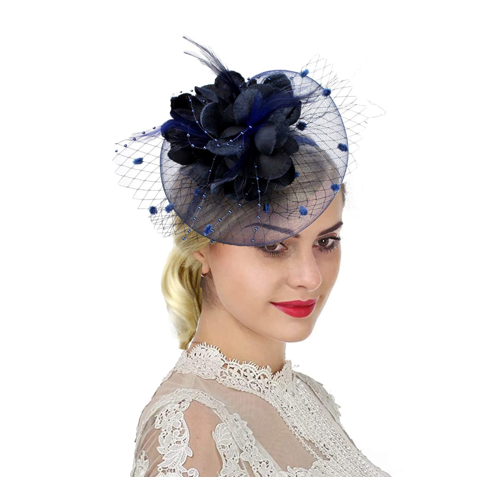 Women Fascinator Veil Hat Flower Feather Mesh Net Bridal Dot Veil Headpiece with Hair Clip and Headband Ladies Wedding Party Costume Headwear Fancy Dress Hair Accessories for Cocktail Party Ascot Race