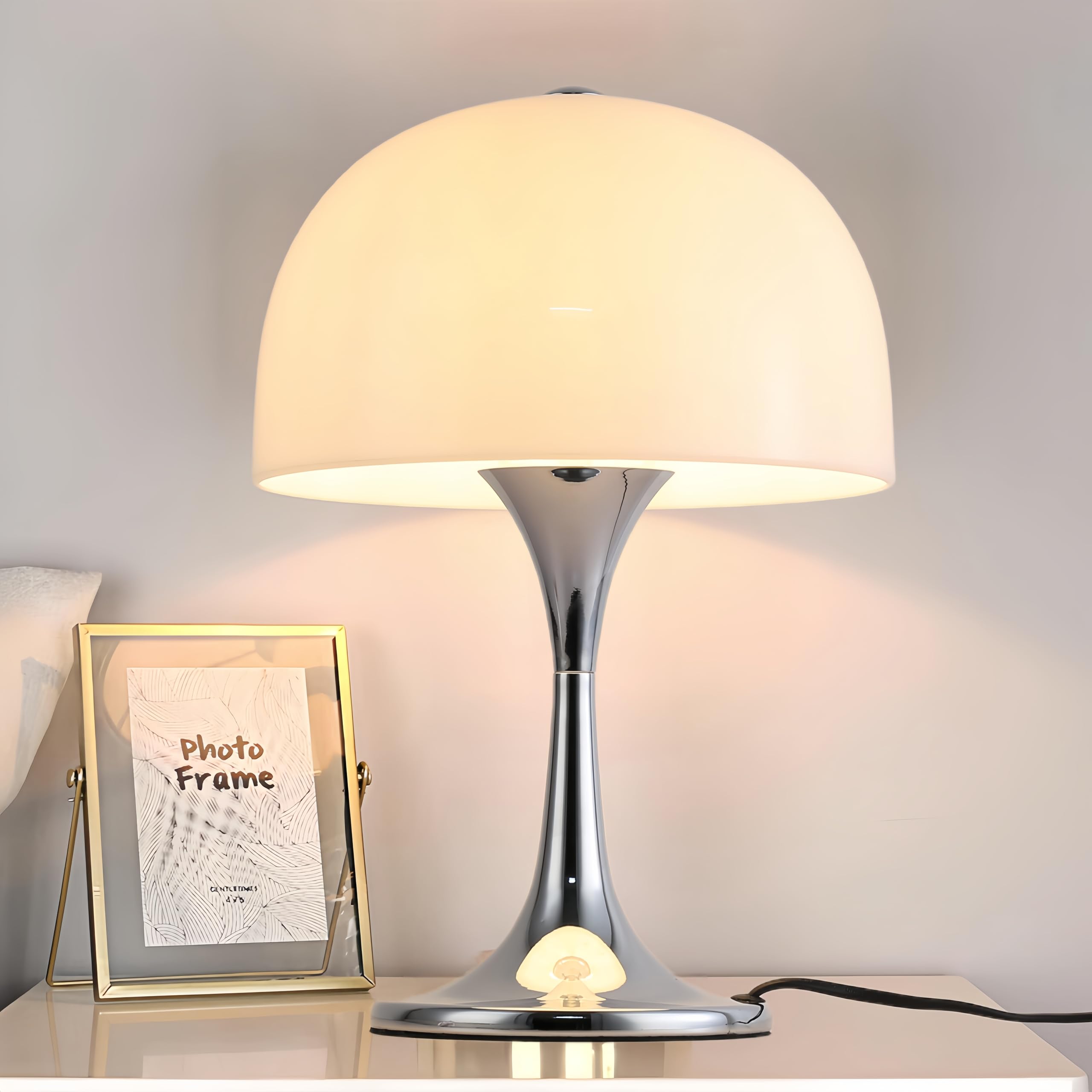 Photo 1 of Modern Sleek Table Lamp for Bedroom, 3-Light LED End Desk Lamp for Living Room, Office, Milky White Acrylic Shade Metal Mushroom Table Lamp for Bedside Night Light Desk, Chrome Base