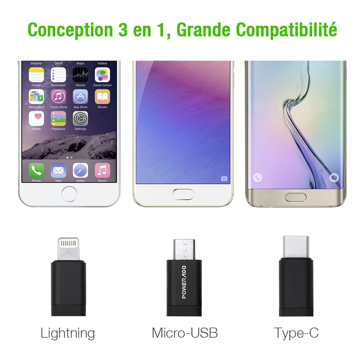 Poweradd 3 en 1 Câble de chargeur multi-Câble avec Adapteur 8 Pin Lightning/Type-C / Micro USB pour iPhone/iPad/Samgung/Nexus/Asus téléphone portable de type C-Noir