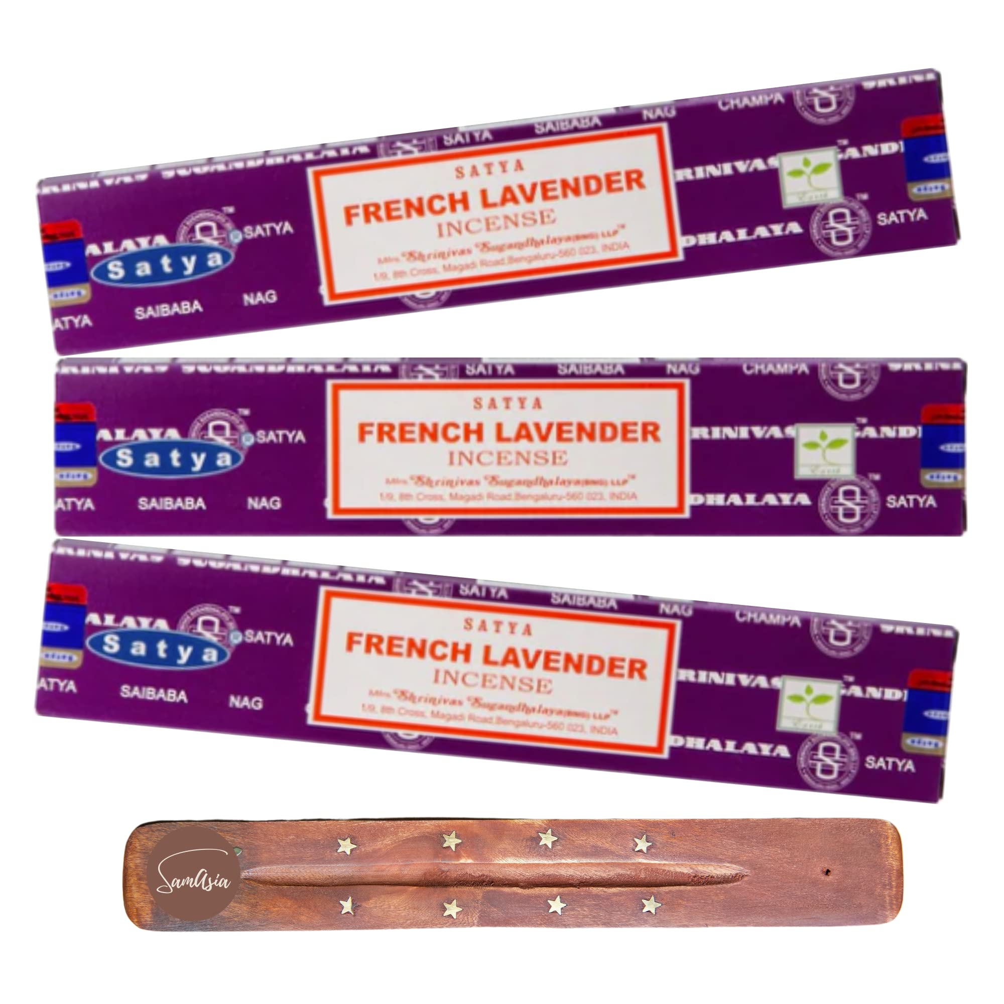 Satya Nag Champa French Lavender Incense Sticks | x3 pack | with SAMASIA incense sticks holder | Used for Aromatherapy, Spa, Yoga, Weddings, Meditation, Healing, Positivity and Relaxation — image 1