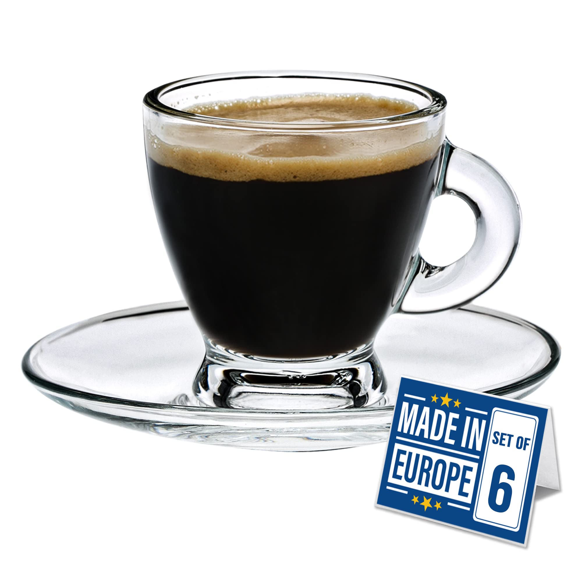 CRYSTALIA Premium Glass Espresso Cups Set of 6, 100% LEAD FREE Espresso Cups and Saucers Set, Expresso Coffee Cups, Glass Turkish Coffee Cups, Greek Coffee Cups Esspreso Coffee Cups, Espresso Glasses