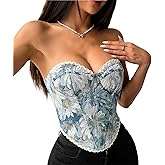 RONGXG Women Floral Strapless Corset Top Bustier with Lace Trim Adjustable Lace-Up Bustier Boned Camisole Backless Crop Top